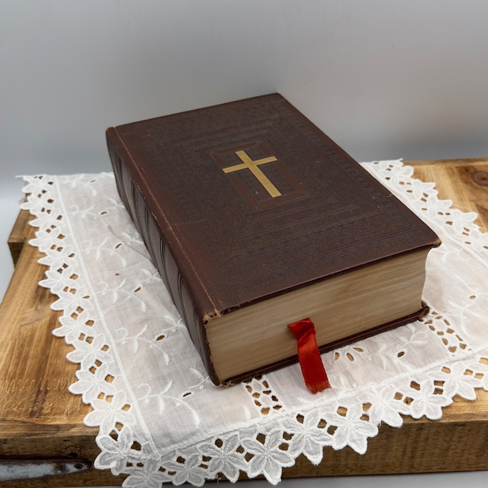 John J. Crawley Holy Bible Brown Embossed Gold Cross 1953 Confraternity Ed OS
